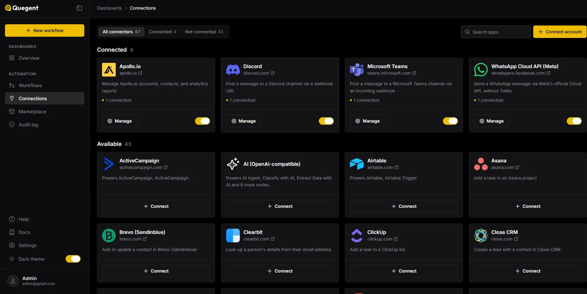 The Quegent dashboard: connected accounts and the connector catalogue
